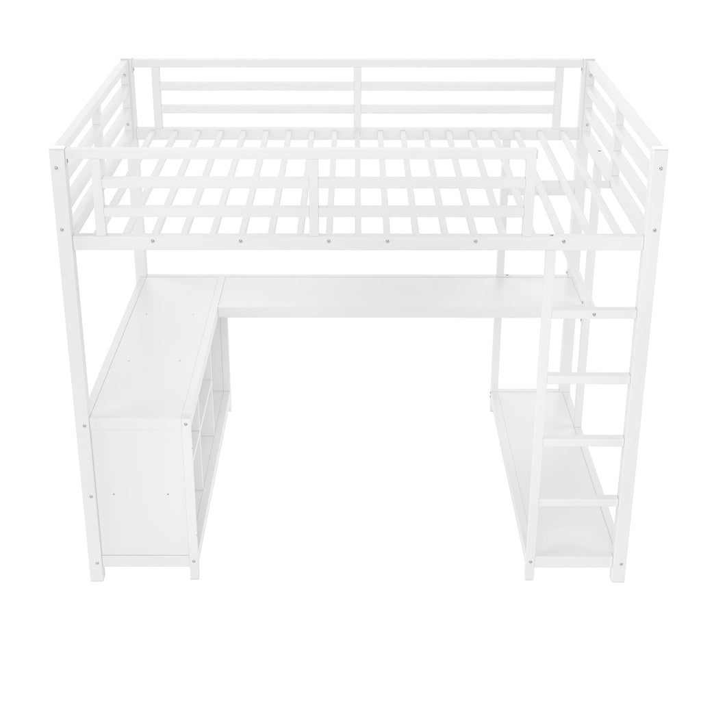 Metal Loft Bed with Wardrobe and L-shaped Desk, Full Size Loft Bed with Storage Cubes and Shelves, Loft Bed for Kids Teens Adults, White