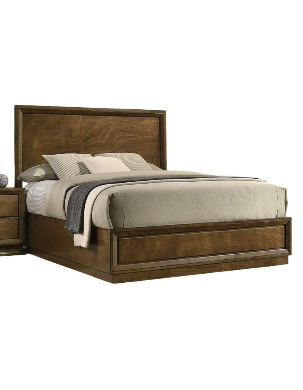 Walnut Color Transitional Style Queen Size Bed 2x Nightstands 3pc Set Bedroom Furniture Metal Knobs