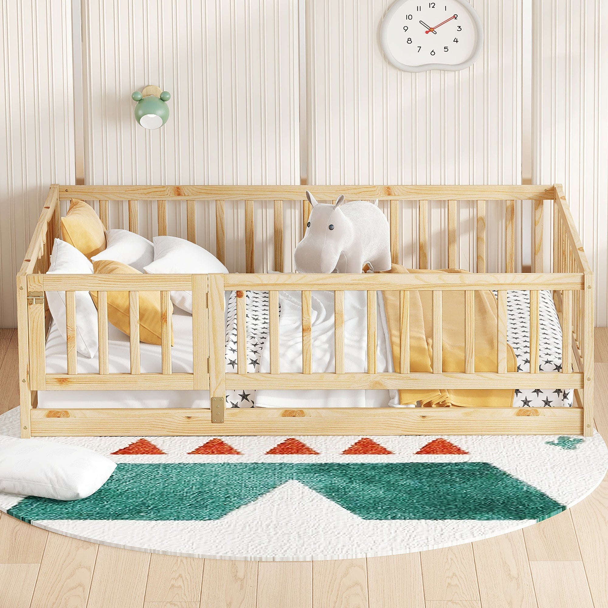 Full Size Floor Bed with Slats, Montessori Floor Bed with Fence and Door, Kids Montessori Bed Full Size, Wood Montessori Floor Bed for Kids, Girls, Boys,Oak