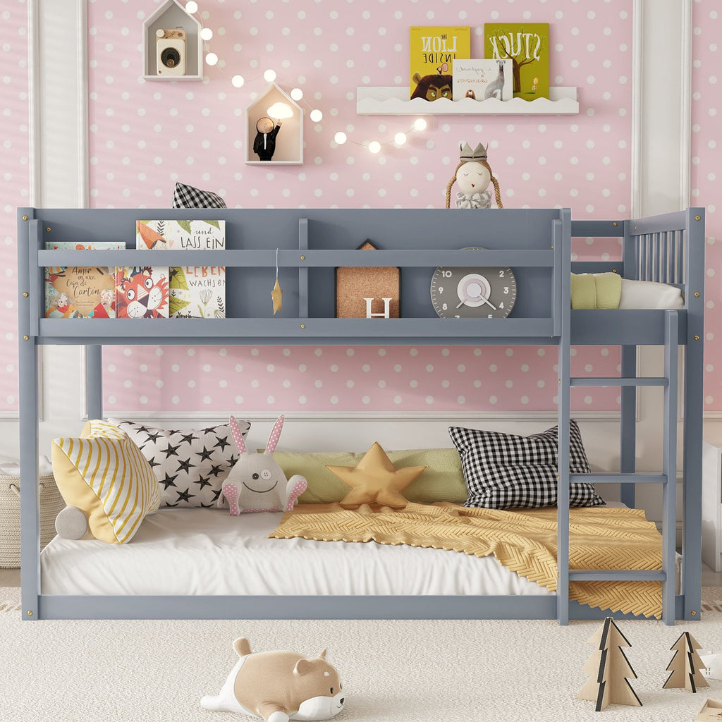 Low Twin Over Twin Bunk Bed, Floor Bunk Bed with Ladder, Solid Wood Twin Bunk Bed for Kids & Juniors, Grey(Expect Arrival Date 2025/11/25)