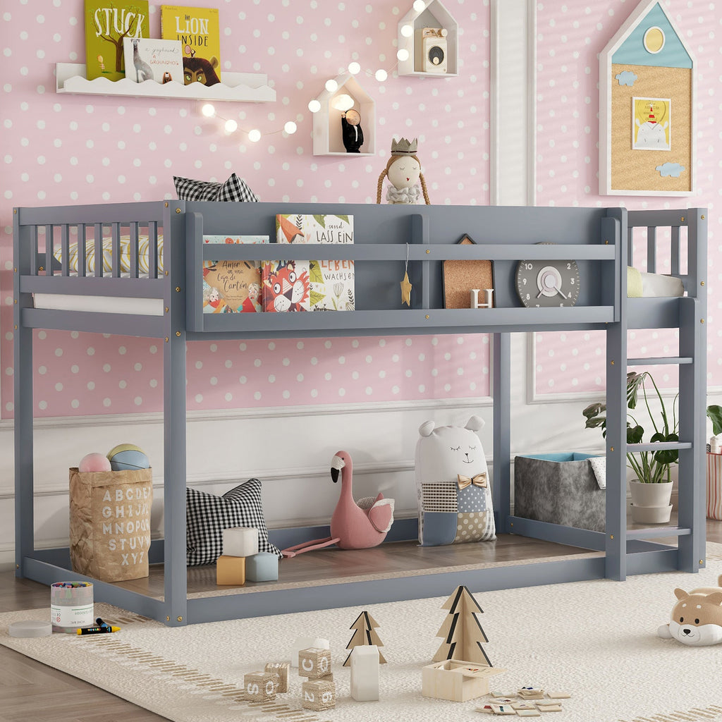 Low Twin Over Twin Bunk Bed, Floor Bunk Bed with Ladder, Solid Wood Twin Bunk Bed for Kids & Juniors, Grey(Expect Arrival Date 2025/11/25)