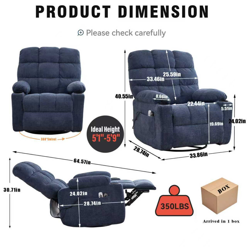 Heat Massage Manual Recliner Chair with Rocker and Swivel in Fabric for Living Room, Blue