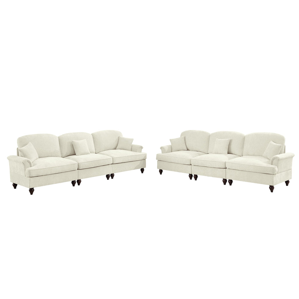 Classic 2 Piece Modular Couch Living Room Sofa Set with Flared Arms and Removable Ruffles Pleats Skirts and Spindle Legs, 3 Seater Sofa +3-Seat Loveseat Sofa Sets for Living Room, Beige White