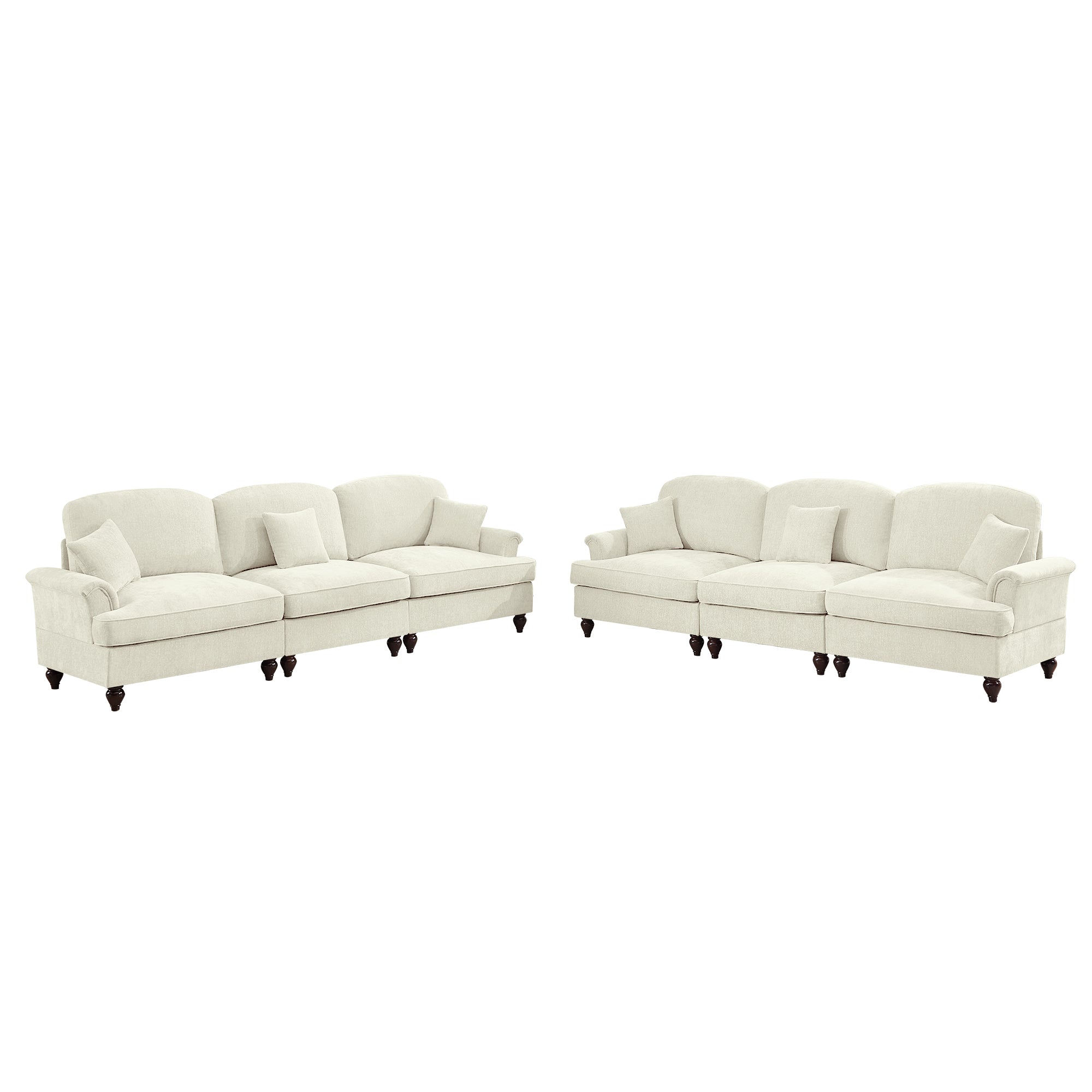 Classic 2 Piece Modular Couch Living Room Sofa Set with Flared Arms and Removable Ruffles Pleats Skirts and Spindle Legs, 3 Seater Sofa +3-Seat Loveseat Sofa Sets for Living Room, Beige White