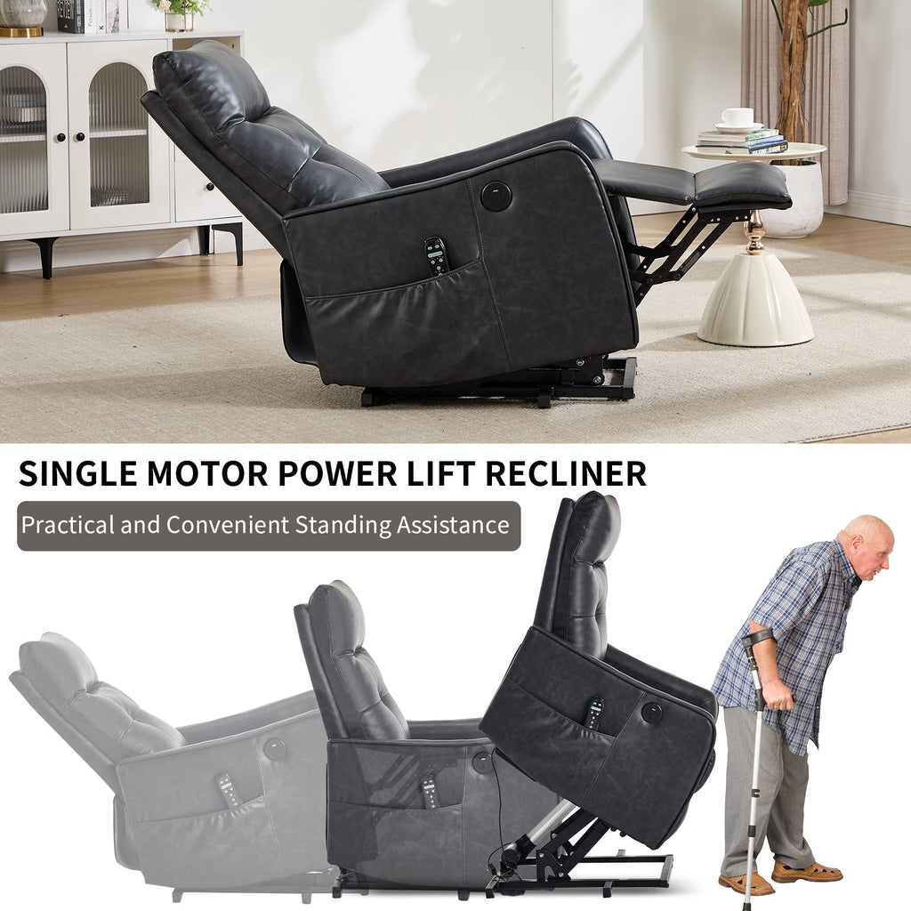 Deep Grey PU Single Motor Power Lift Recliner Chair with Massage and Heat for Elderly, Heavy Duty Motion Mechanism and One USB for Charging, Max Reclining Angle 155°