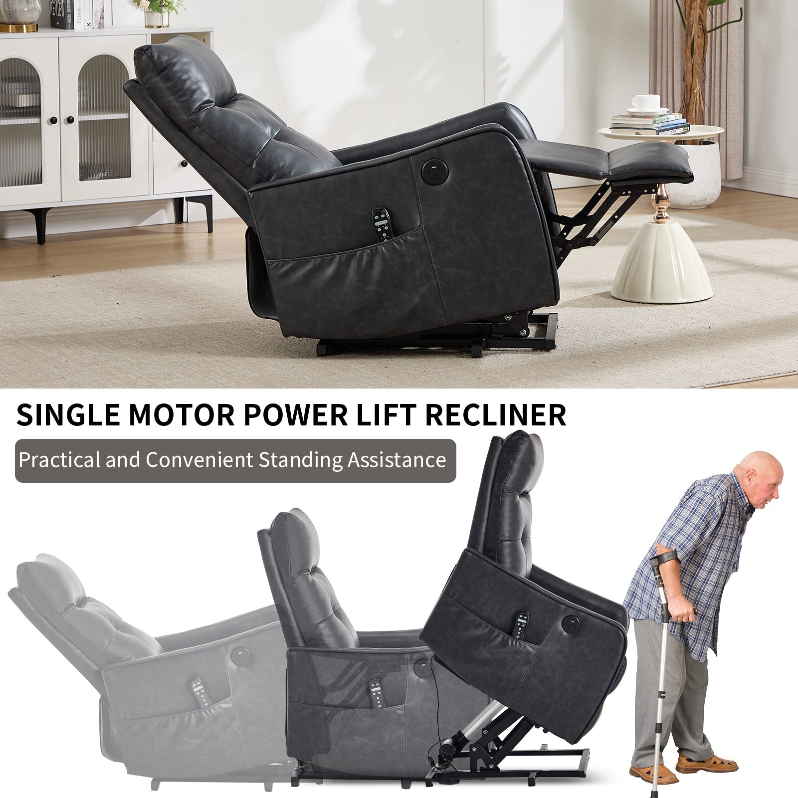 Deep Grey PU Single Motor Power Lift Recliner Chair with Massage and Heat for Elderly, Heavy Duty Motion Mechanism and One USB for Charging, Max Reclining Angle 155°