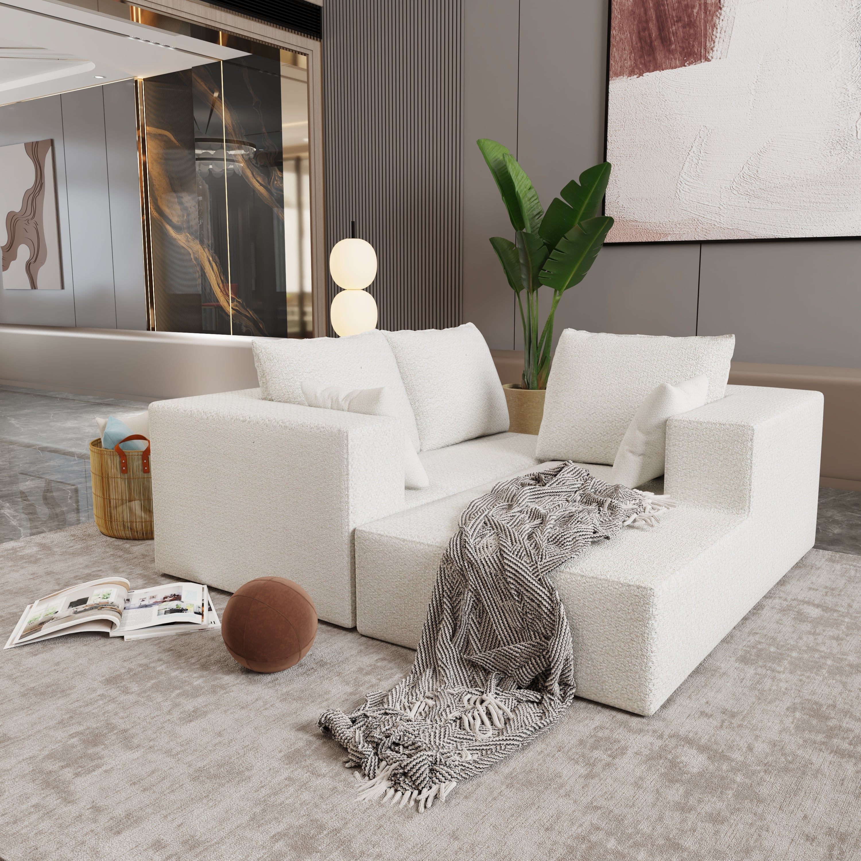 Combination sofa and sofa bed on the right corner, made of high-density sponge and soft linen fabric, with multiple combination methods (beige)