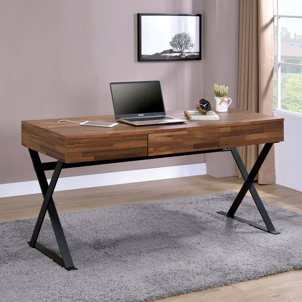 Industrial Computer Desk With Three Storage Drawers USB And Power Outlet, X-Cross Legs Black