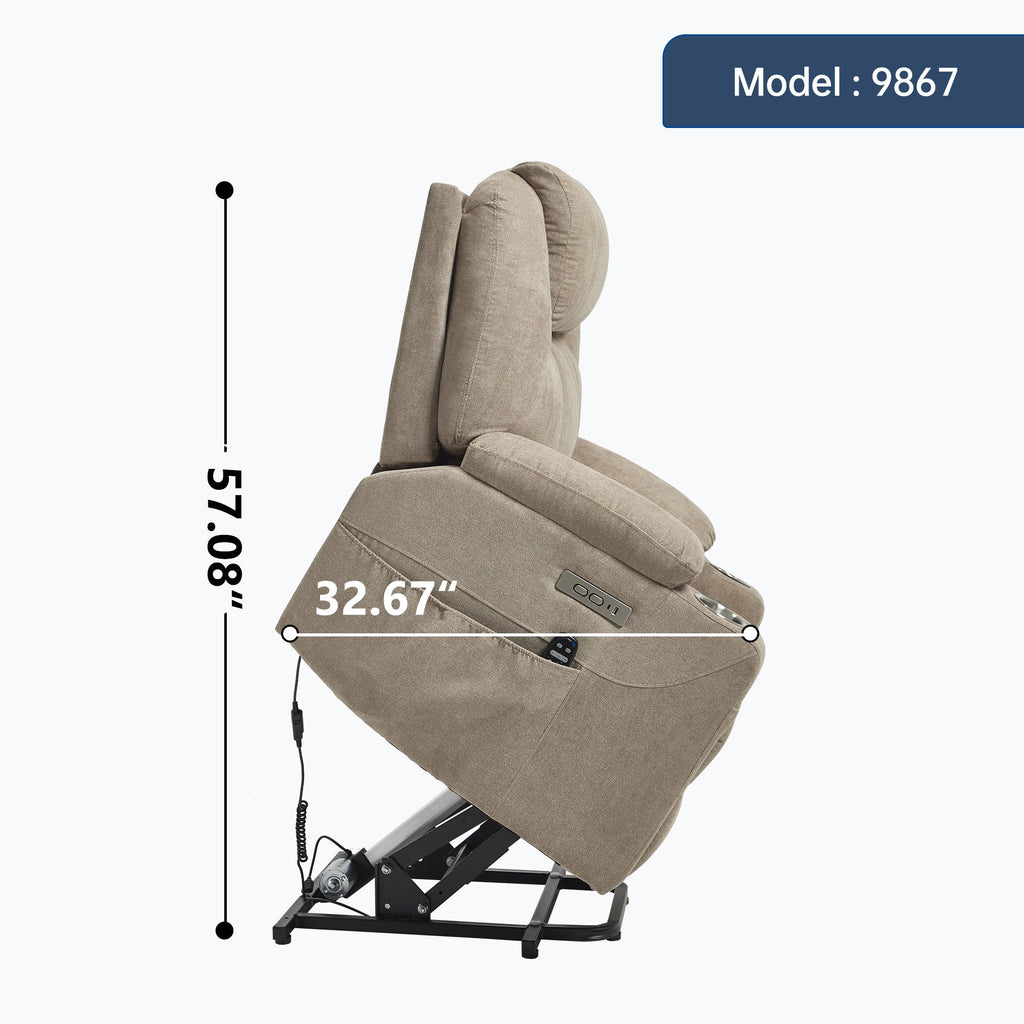 Up to 350 LBS polyester Power Lift Recliner Chair, Heavy Duty Motion Mechanism with 8-Point Vibration Massage and Lumbar Heating, USB and Type-C Ports, Stainless Steel Cup Holders, Khaki