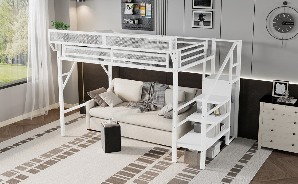 Twin XL Size Loft Bed with Stairs, Metal Full Loft Bed with Storage Shelves, High Loft Bed with Wardrobe for Kids Teens,White(Expect Arrival Date 2025/10/14)