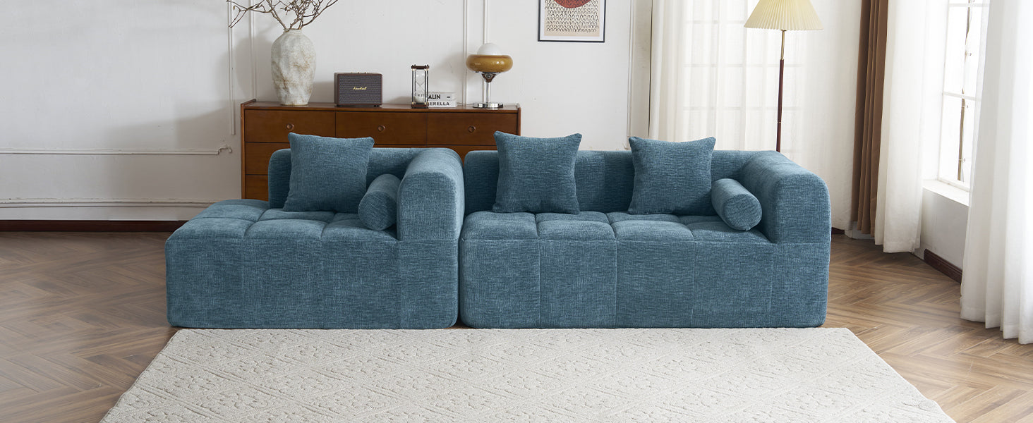 Modern Modular Sofa with Deep Seating, Two Side Pockets, and Plush Pillows in Blue Chenille Fabric, 101.2'