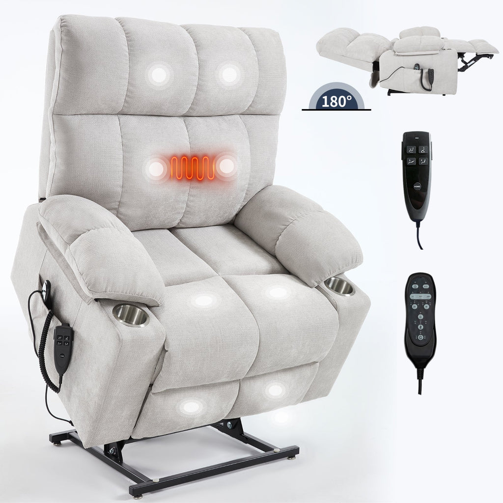 Beige Dual Motor Infinite Position Up to 350 LBS Chenille Power Lift Recliner Chair, Heavy Duty Motion Mechanism with 8-Point Vibration Massage and Lumbar Heating, Dual Cup Holders