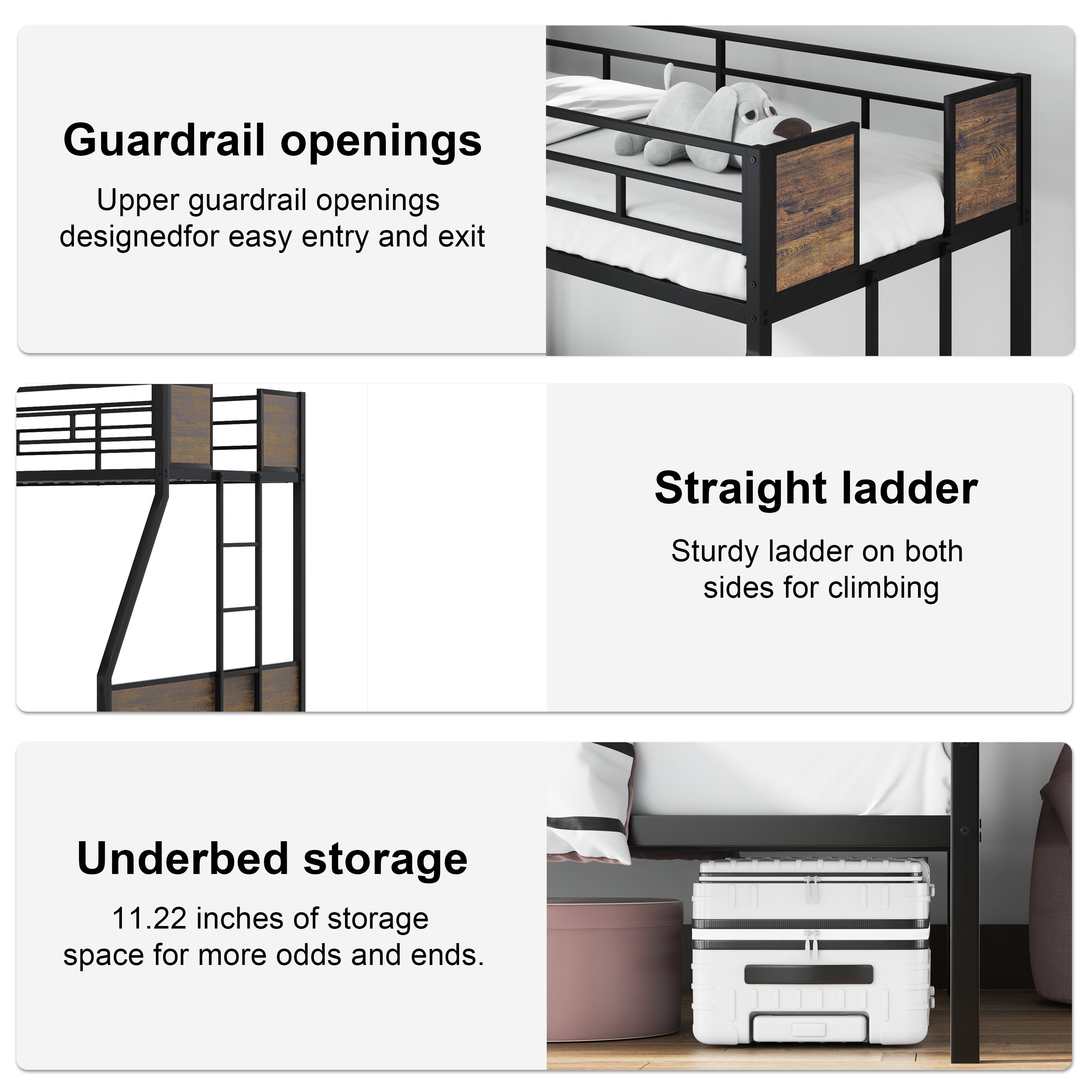 Twin Over Full Bunk Beds with Trundle, Metal Bunk Bed Frame with Safety Guardrail and 2 Ladder for Kids,Sturdy Metal Frame and Protective Board Supports, No Box Spring Needed, Easy Assembly