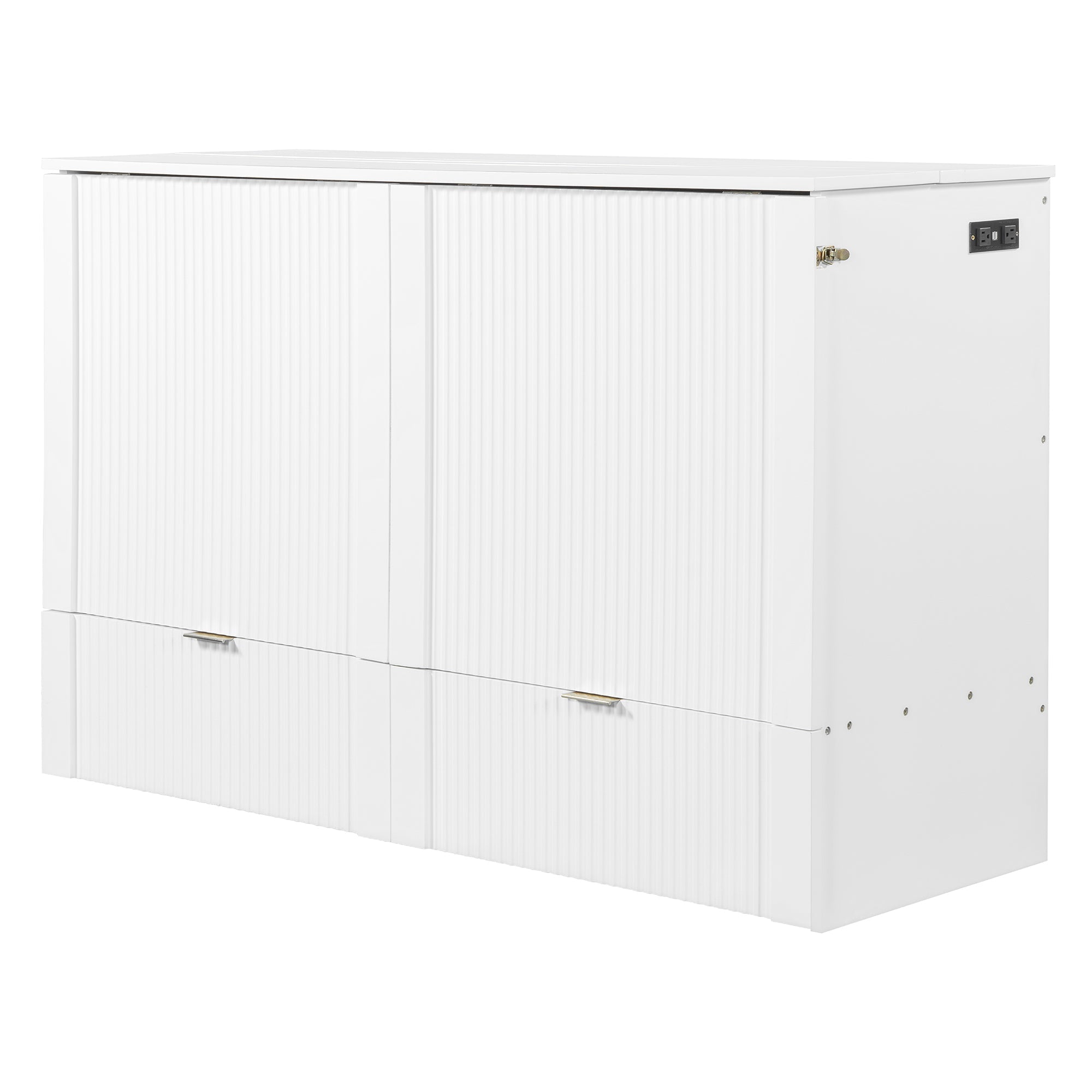 Queen Size Murphy  Bed with drawer and a set of Sockets & USB Ports, Pulley Structure Design, White