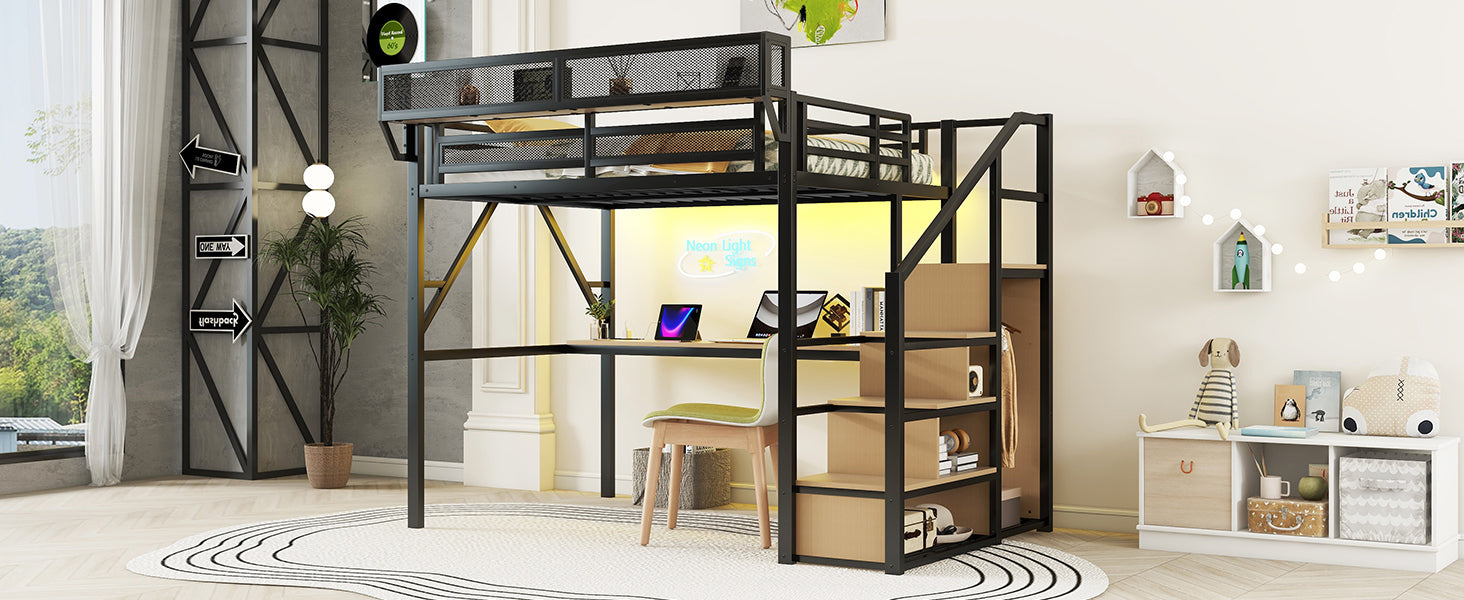 Full Loft Bed with Desk and Charging Station, Full Size Metal Loft Bed with Stairs and Light for Kids Teens, Black, Patent Products
