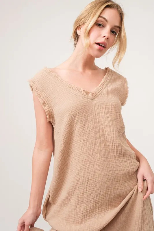 And The Why Washed Cotton Gauze Fringe Detail Tiered Dress