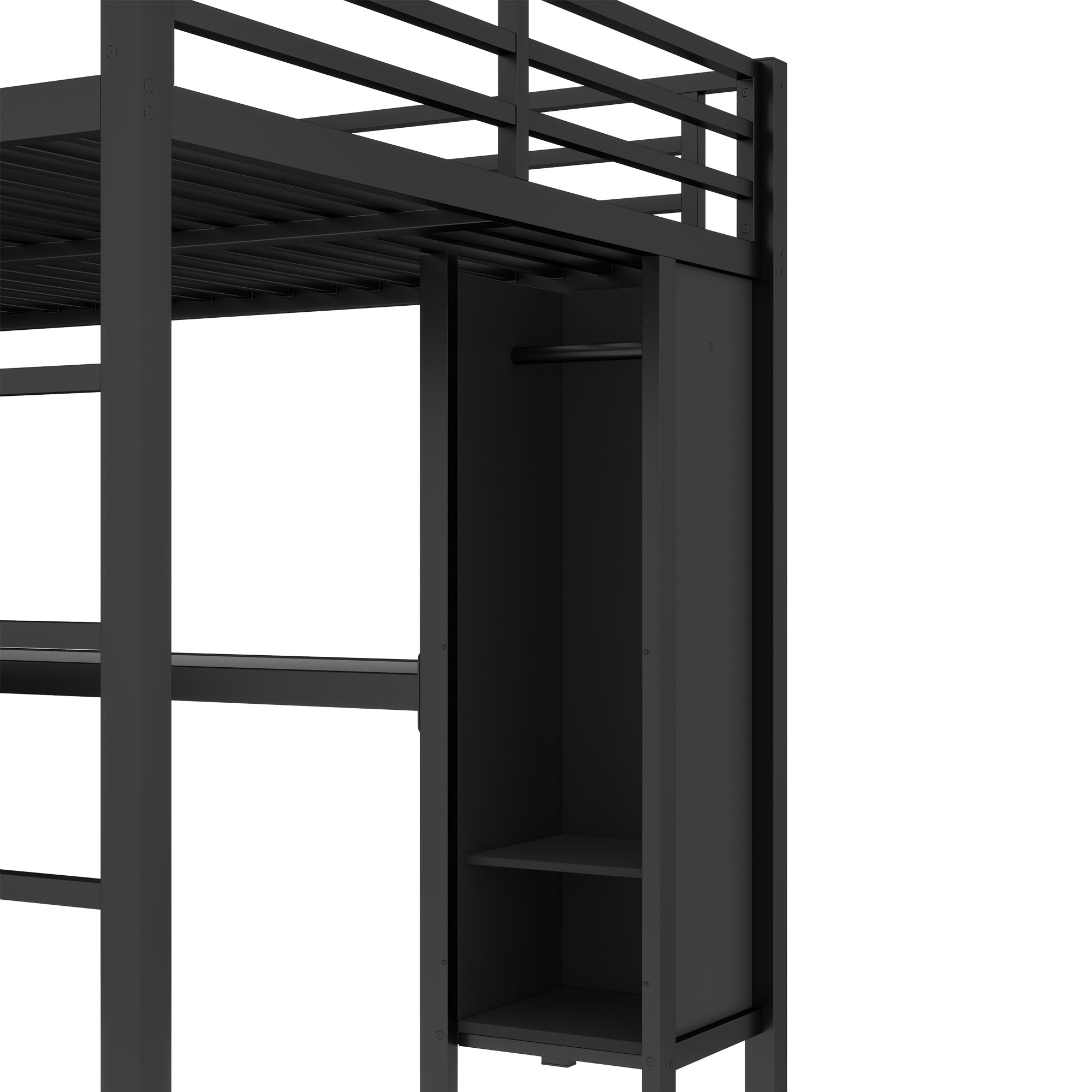 Metal Loft Bed with Wardrobe And L-shaped Desk, Queen Size Loft Bed with Storage Cubes and Shelves, Heavy Duty Loft Bed for Kids Teens Adults, Black