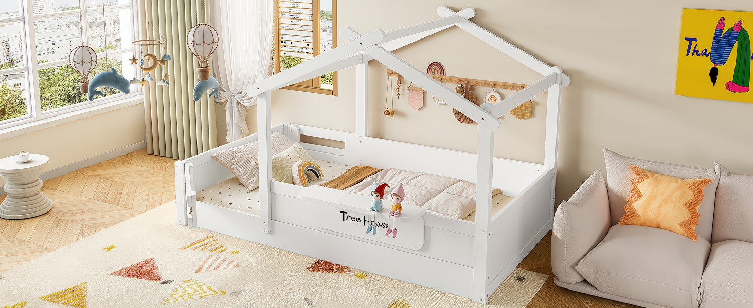 Twin Size Floor Bed with Guardrails and Roof, Kids House Floor Bed with a Small Built-in Tray and Free-installed Signboard, Childlike Design, White