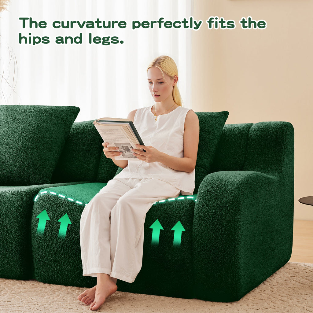 U-Shaped Boneless Sofa,Teddy Fabric No assembly required   Curved armrest,Anti-slip Design,Streamlined Design 32D High Density Sponge,Full Compression Vacuum Packag,For Studies living Rooms,Green