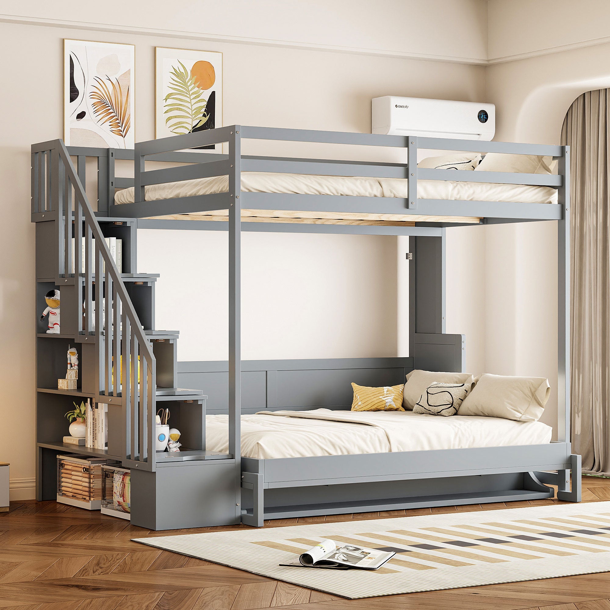Full Over Full Size Murphy Bed with Hydraulic Lift & Desk Design, Gray