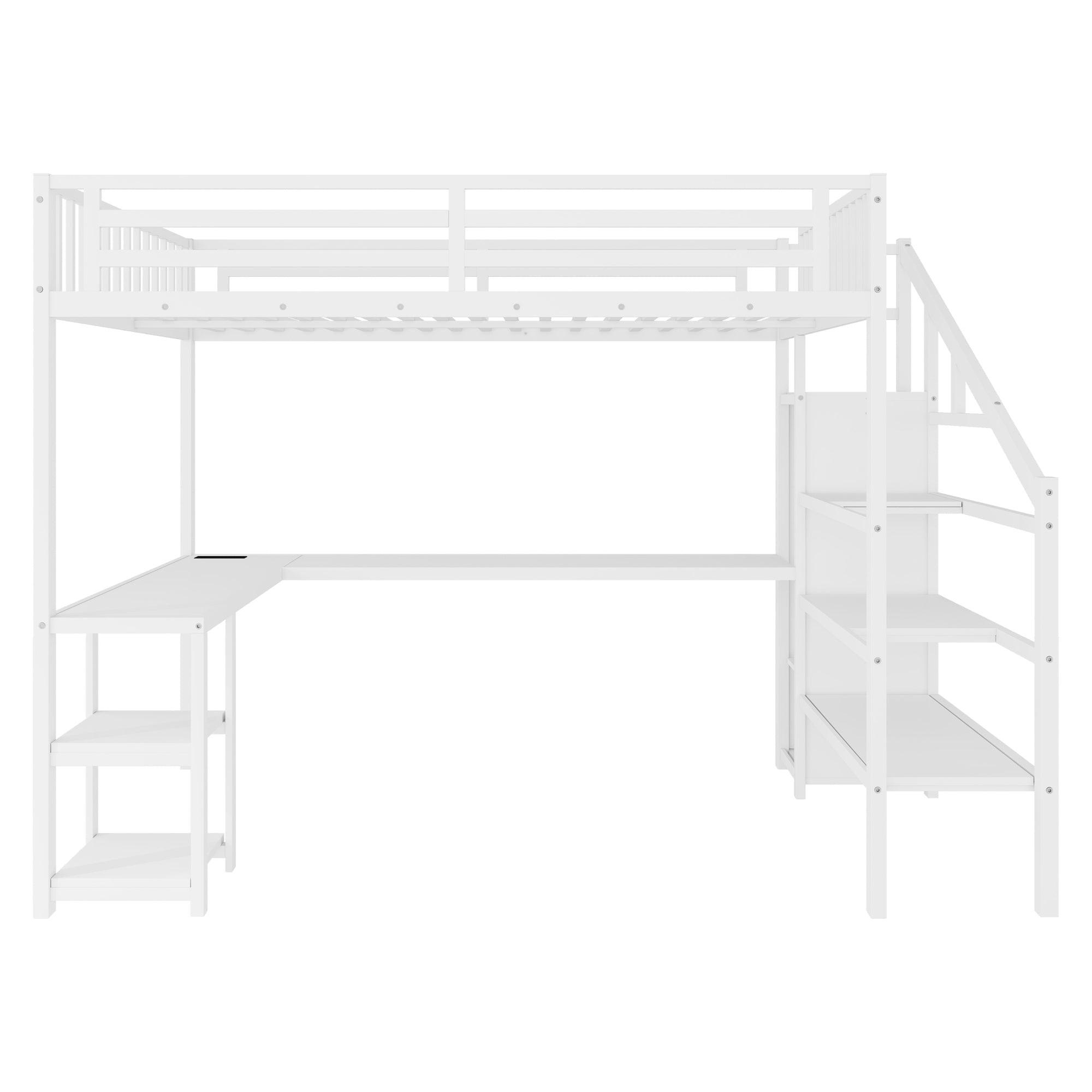 Metal Queen Loft Bed with Wardrobe and LED Light, Queen Size Loft Bed with L Shaped Desk and USB for Kids Teens Adults, White