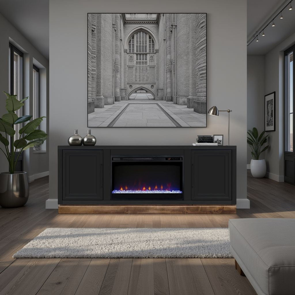 Nora 64 inch Fireplace TV Stand, for TVs up to 85 inches, Black and Whiskey Finish