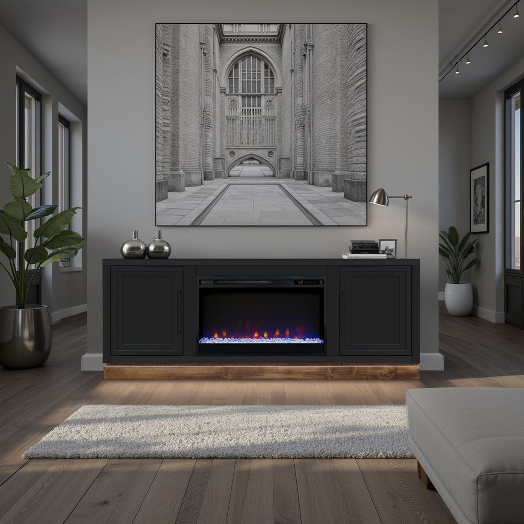 Nora 64 inch Fireplace TV Stand, for TVs up to 85 inches, Black and Whiskey Finish