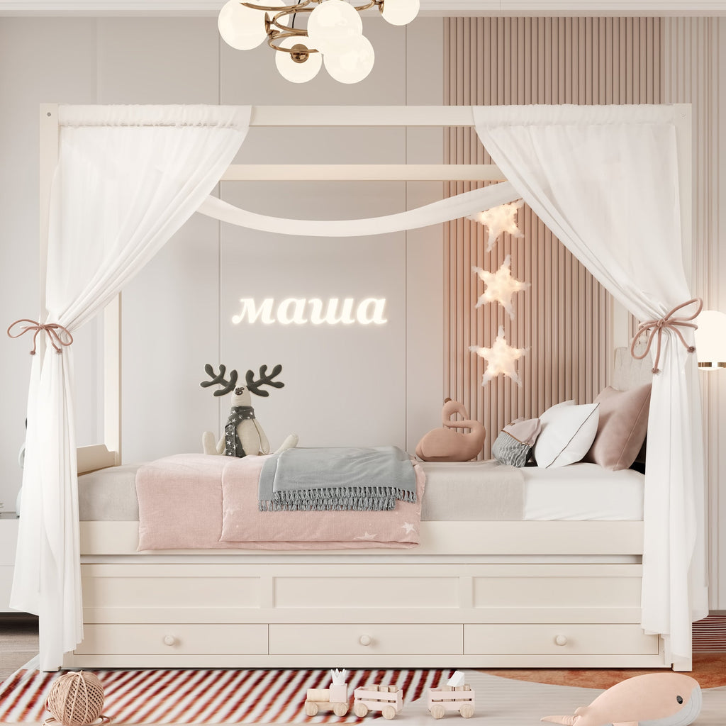 Twin Platform Bed with Upholstered Headboard,Twin Size Trundle and 3 Drawers,Princess Canopy Bed Frame for Kids,Storage & Easy Assembly,Beige
