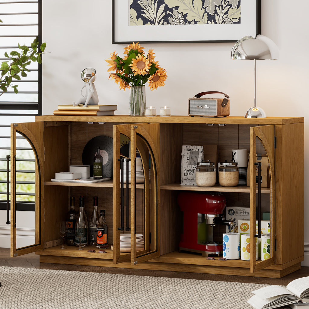 TREXM 4-Door Large Storage Sideboard Buffet Cabinet with Glass Doors, Arched Cabinet with Adjustable Shelves for Kitchen, Dining Room and Living Room (Natural Wood)
