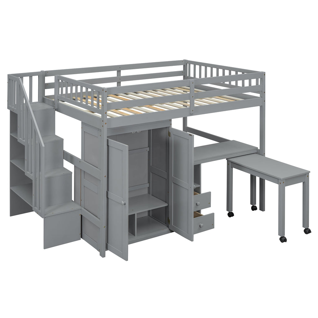Full Size Loft Bed with Stairs, Bookshelf, Drawers, Desk & Wardrobe – Space-Saving Multifunctional Furniture for Kids & Teens-Gray
