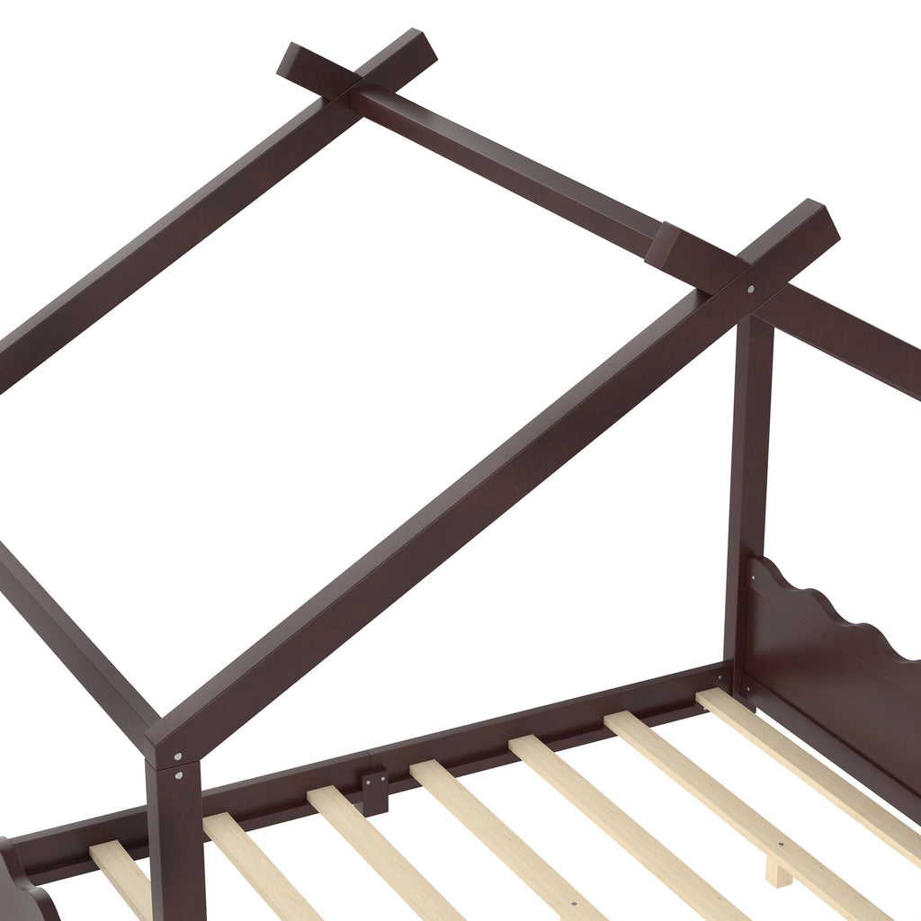 Full House Floor Bed with Support Slats, Solid Wood House Bed Frame for Kids, No Box Spring Needed and Opening Constructure, Espresso