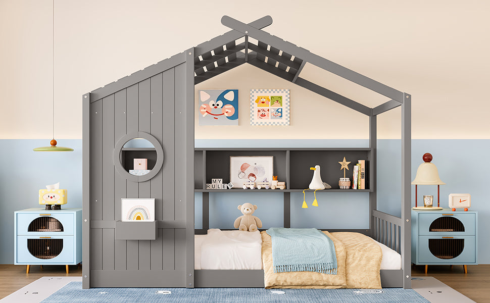 Twin Size Floor House Bed for Toddler, Kids Montessori Bed  with Storage Shelf, Playhouse Bed with Roof Design, Gray