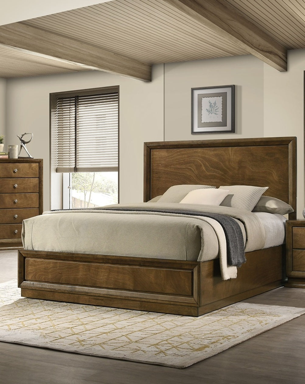Walnut Color Transitional Style Twin Size Bed 2x Nightstands 3pc Set Bedroom Furniture Metal Knobs