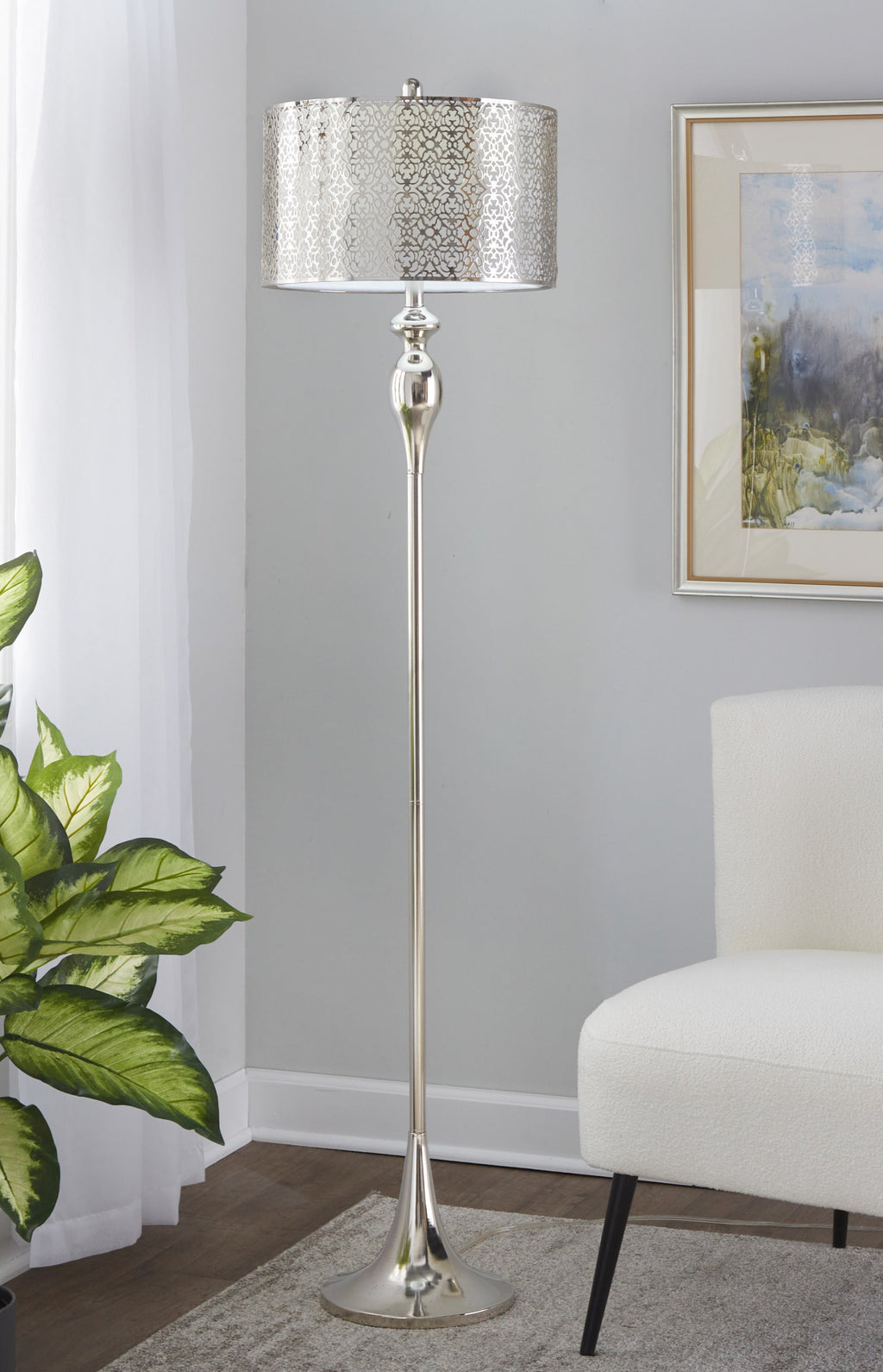 Ashland 63' Contemporary Metal Floor Lamp in Polished Nickel with Laser Cut Metal and White Linen Shade from Grandview Gallery by LumiSource