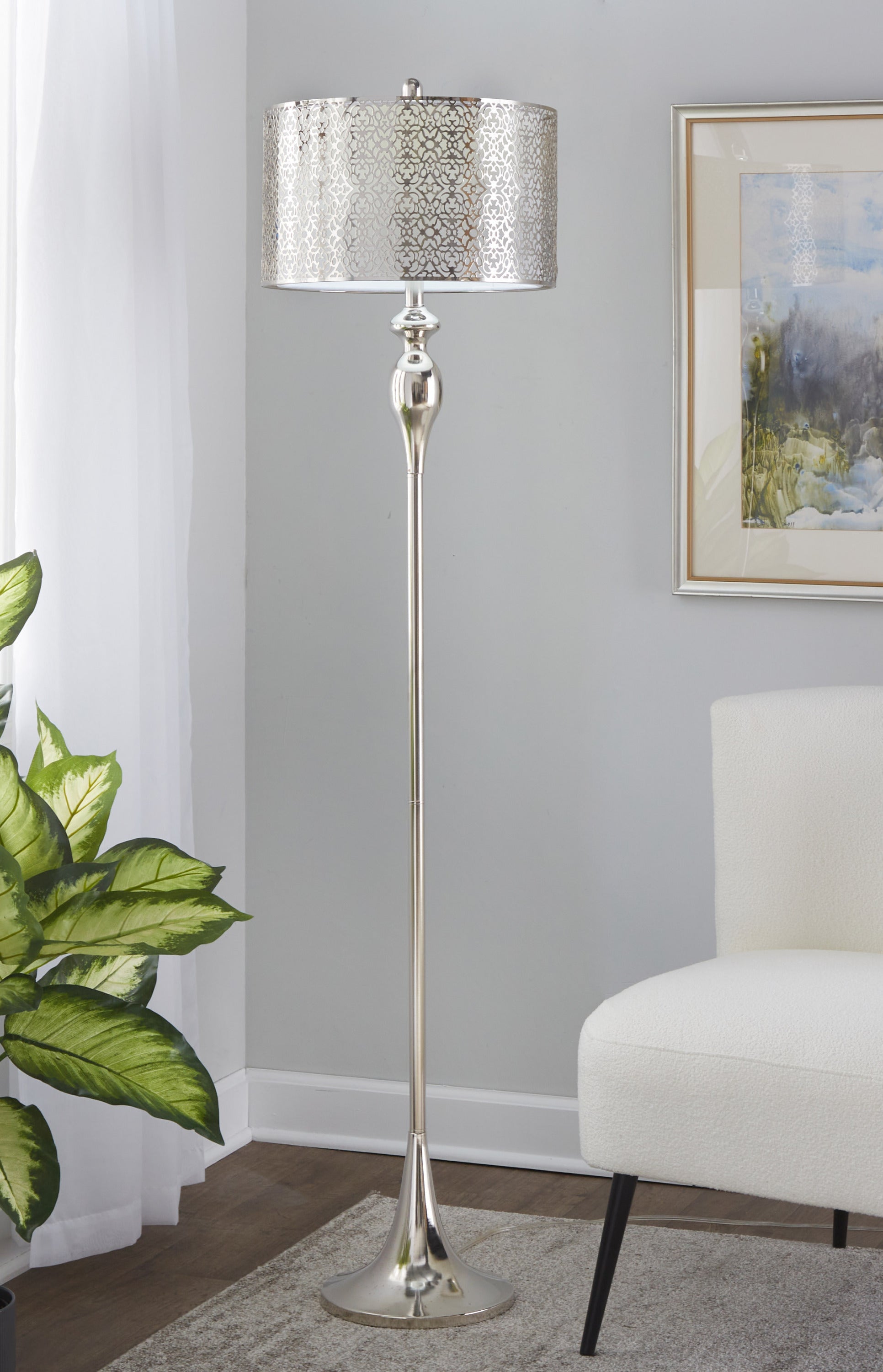 Ashland 63' Contemporary Metal Floor Lamp in Polished Nickel with Laser Cut Metal and White Linen Shade from Grandview Gallery by LumiSource