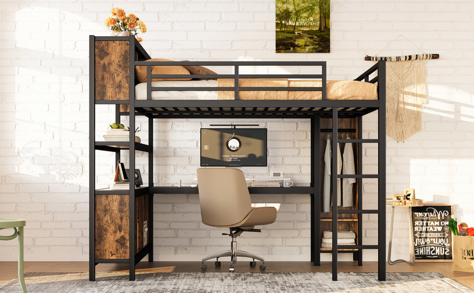 Metal Loft Bed with Wardrobe And L-shaped Desk, Queen Size Loft Bed with Storage Cubes and Shelves, Heavy Duty Loft Bed for Kids Teens Adults, Black Woodgrain