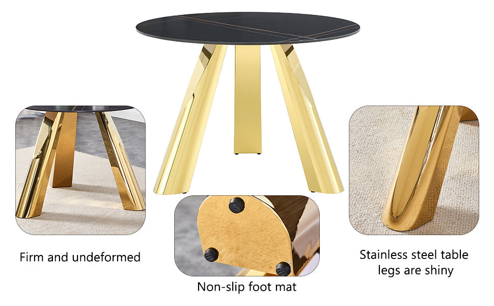 The 42-inch stainless steel gold-plated flamed granite round table with seating for 4 or 6 people is perfect for dining, entertaining, or as a conference table