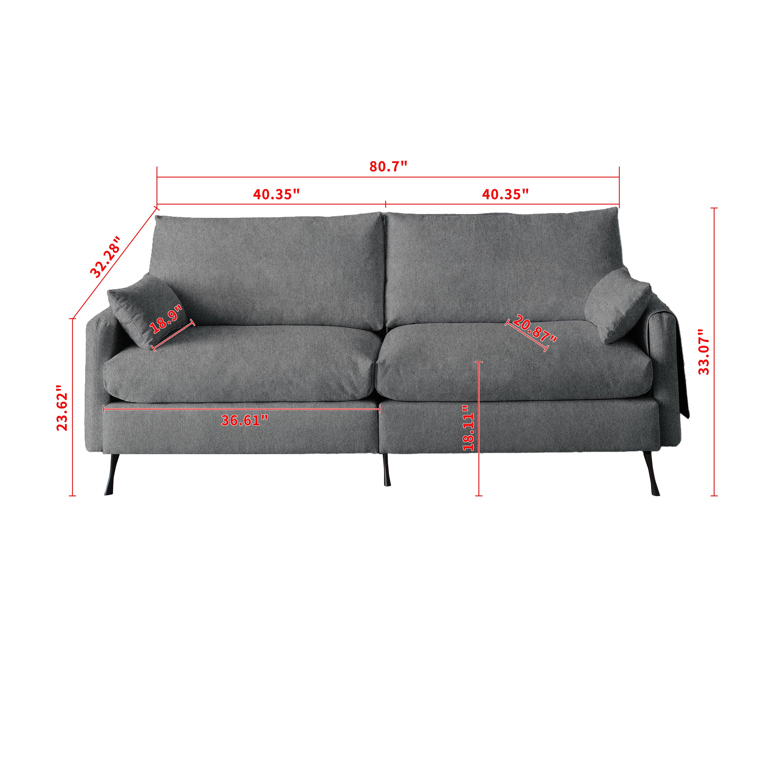 Deep 3-Seater Cloud Couch with 2 Armrest Pillows and 2 Toss Pillows, Love Seat for Living Room Bedroom Office Apartment, Grey