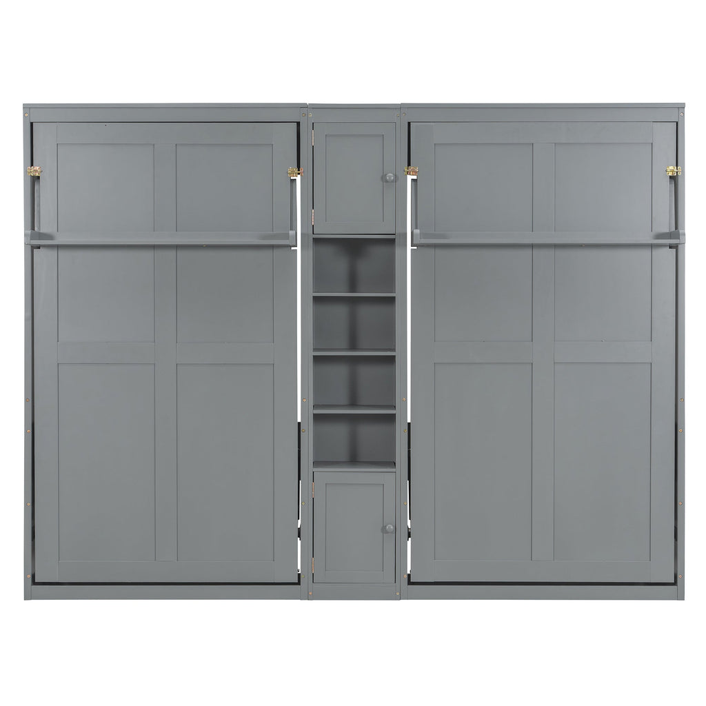 Dual Twin size Wall Murphy Beds with Cabinets and Shelves, Gray