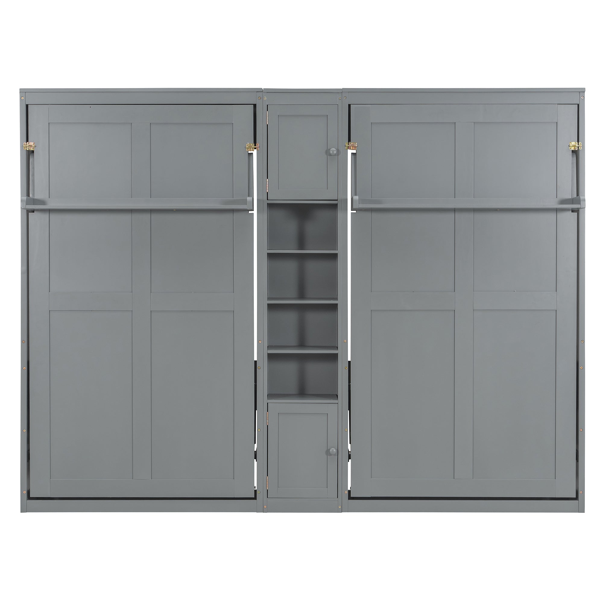 Dual Twin size Wall Murphy Beds with Cabinets and Shelves, Gray