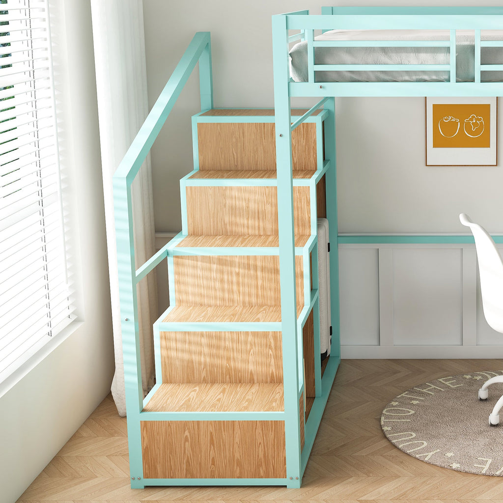 Heavy Metal Frame Full Loft Bed with Desk & Storage, 4 Cabinets, Staircase, Rack Space-Saver for Kids/Teens, Green Color