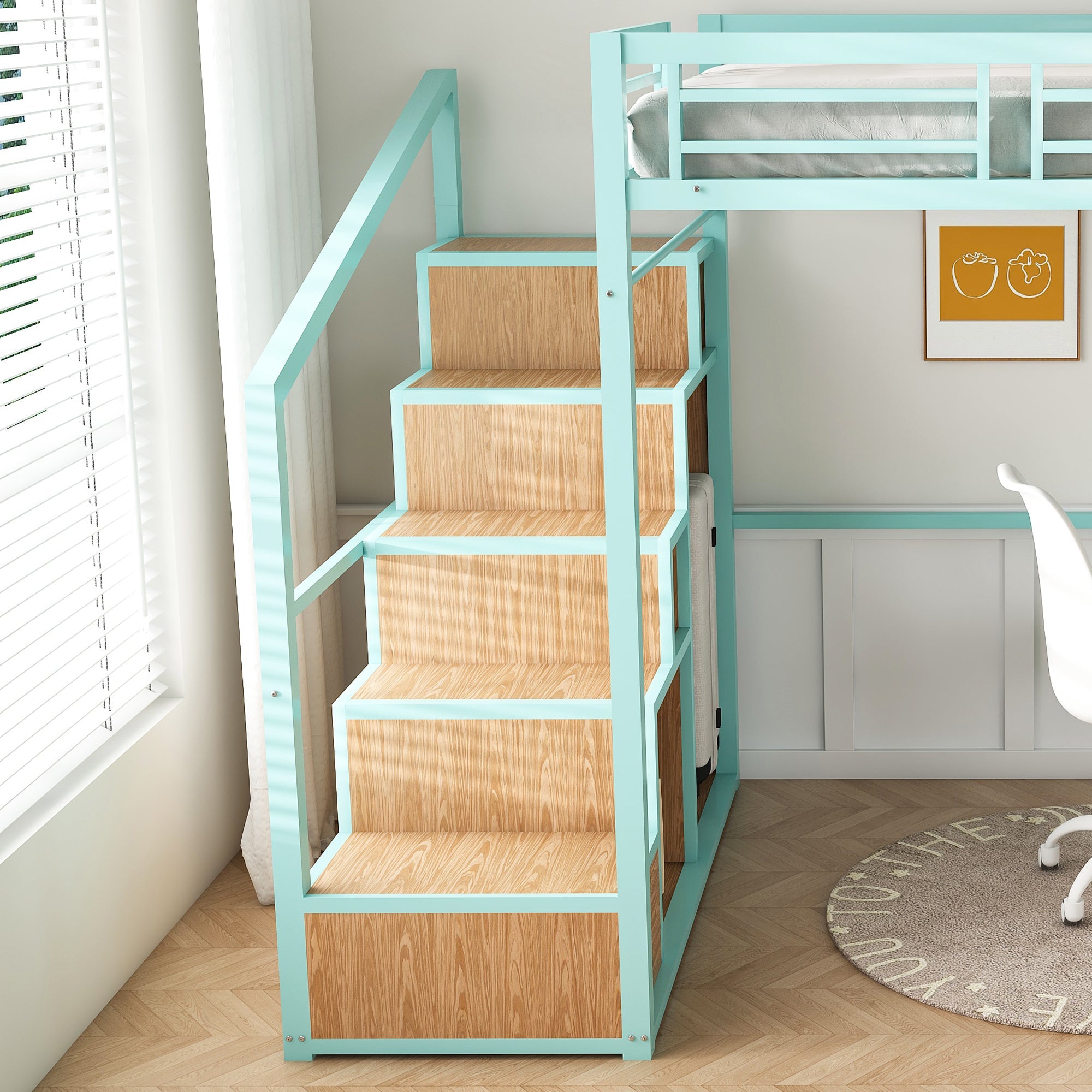 Heavy Metal Frame Full Loft Bed with Desk & Storage, 4 Cabinets, Staircase, Rack Space-Saver for Kids/Teens, Green Color