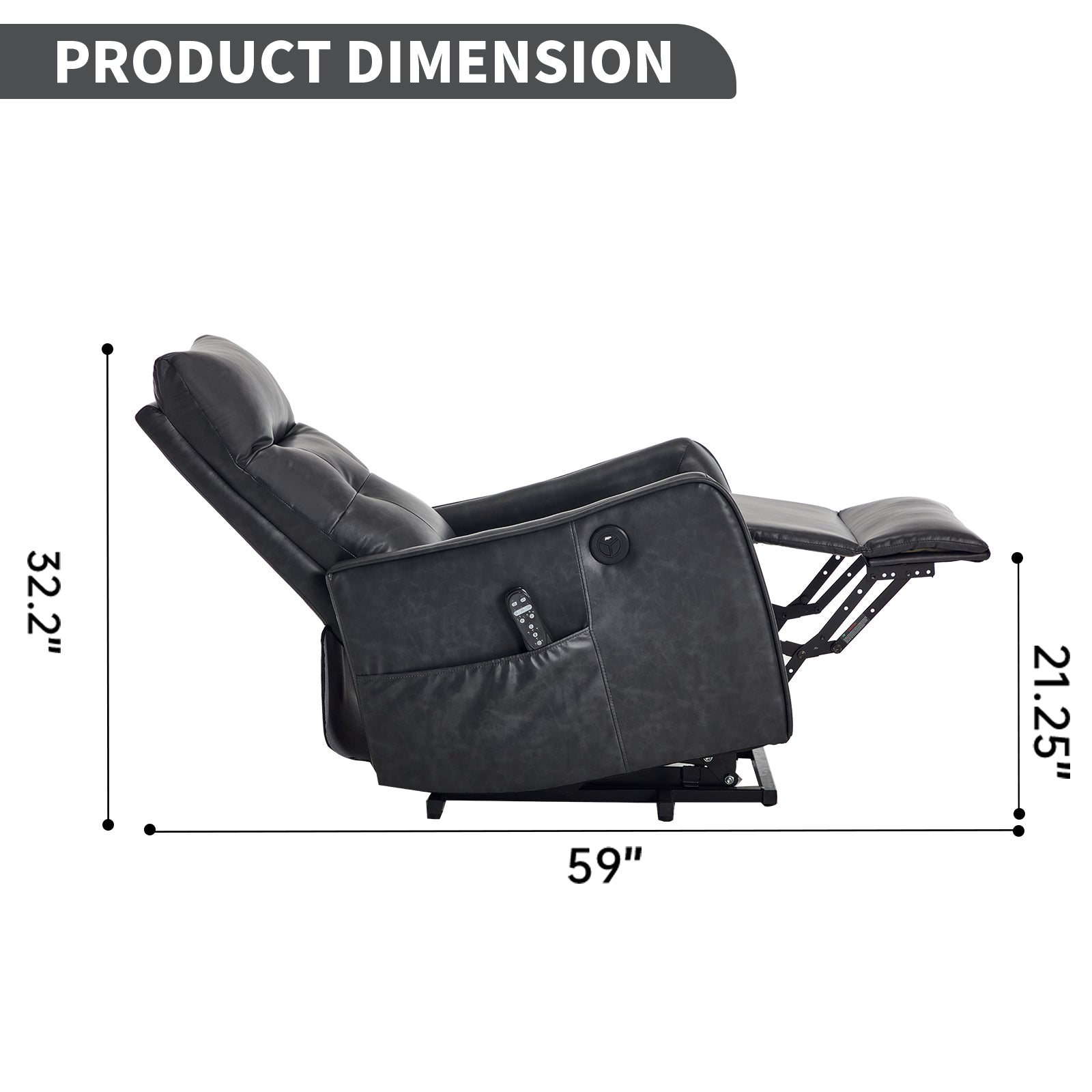 Deep Grey PU Single Motor Power Lift Recliner Chair with Massage and Heat for Elderly, Heavy Duty Motion Mechanism and One USB for Charging, Max Reclining Angle 155°