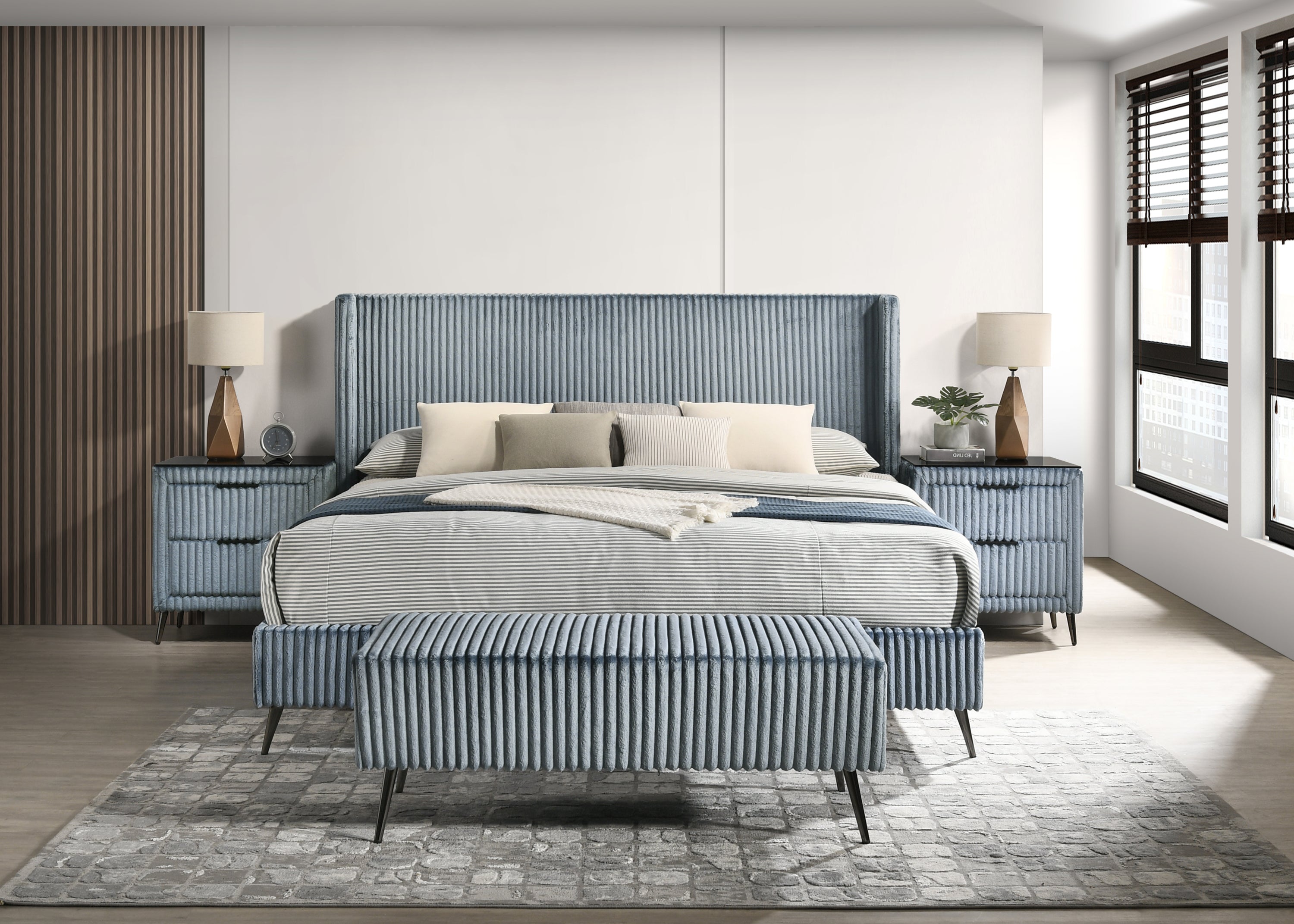 Mavela Wide Wale Corduroy Upholstery Panel King Bed with 2 Nightstands and Bench, Blue