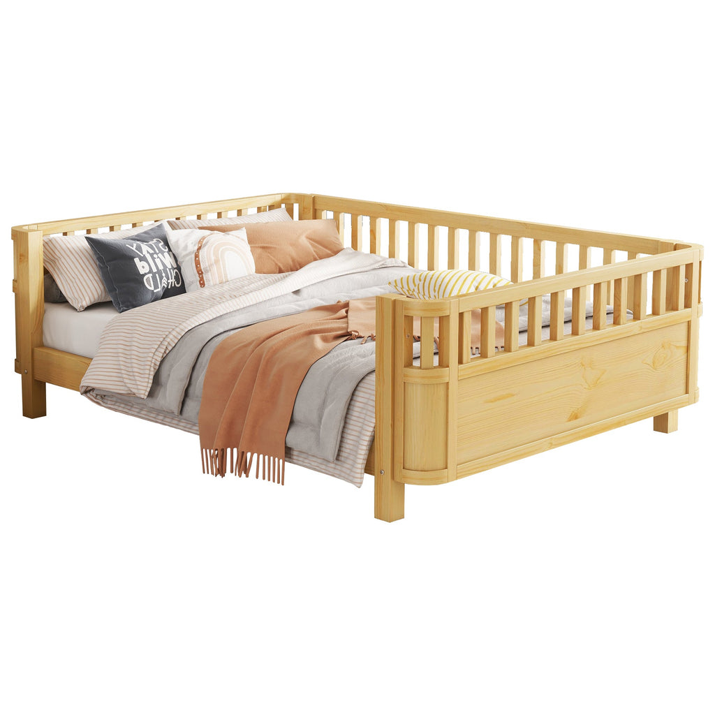 Full Size Wood Platform Bed for Kids, Wood Low Profile Full Bed with Rails for Girls and Boys, Natural (Patented Design, Old SKU W2593P233781)