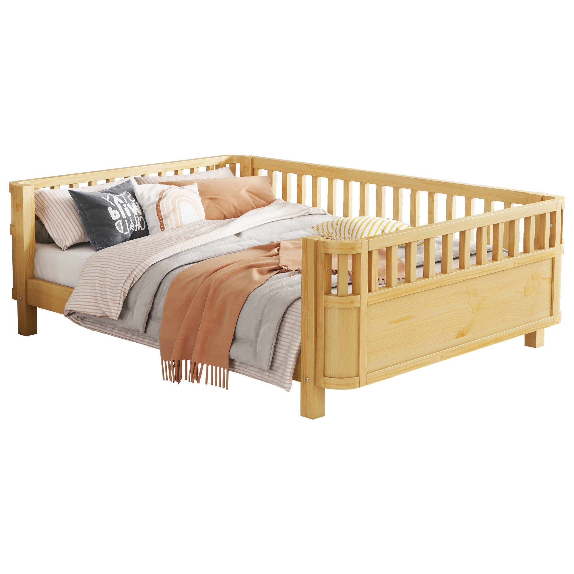 Full Size Wood Platform Bed for Kids, Wood Low Profile Full Bed with Rails for Girls and Boys, Natural (Patented Design, Old SKU W2593P233781)