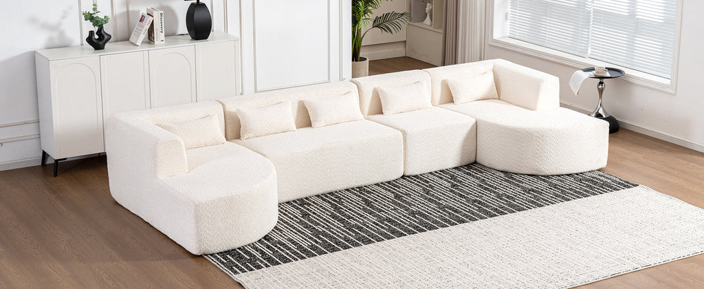 144' Upholstered Sofa Free-combined Sofa Couch with Two Chaise Lounge and Five Back Pillows for Living Room(Old SKU: N719S001600A), Beige
