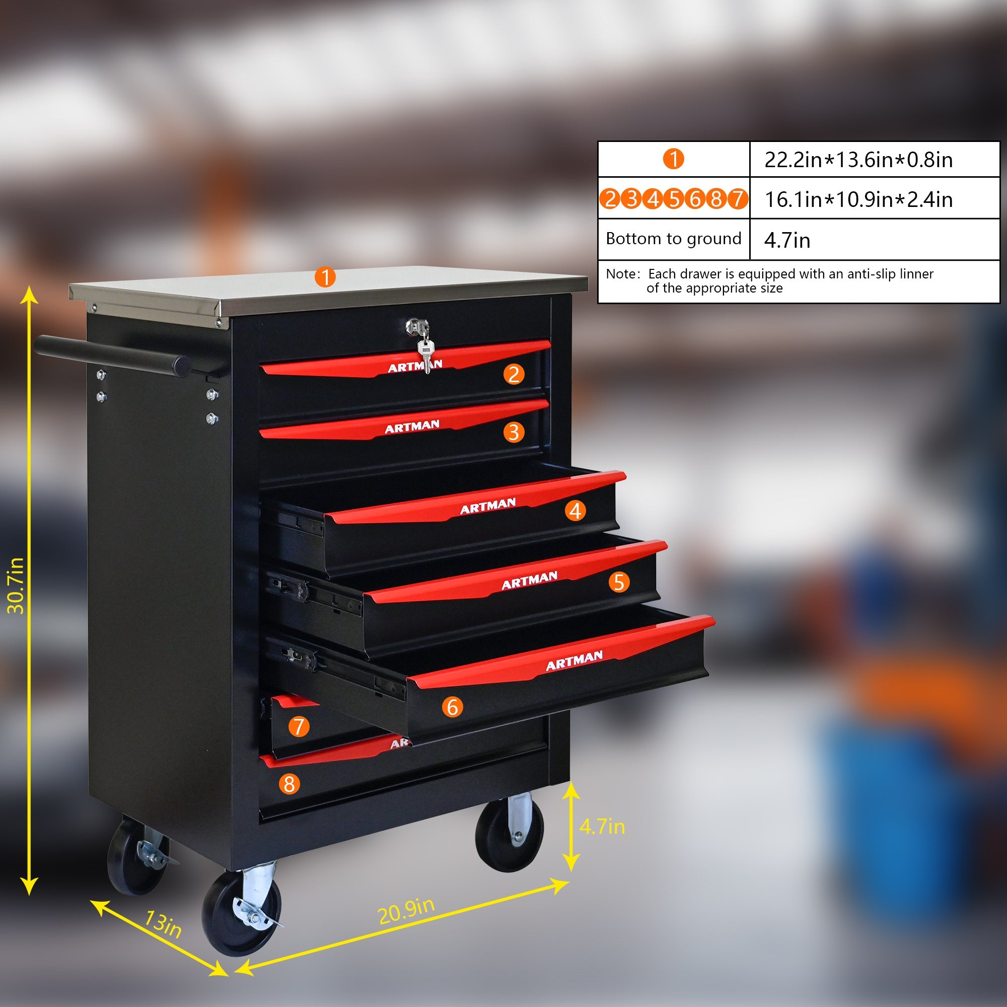 7-Drawer Multifunctional Tool Cart with Wheels, Metal Rolling Tool Cart Storage for Garage Workshop Warehouse Repair Shop - with Stainless Steel Roof - Black & Red