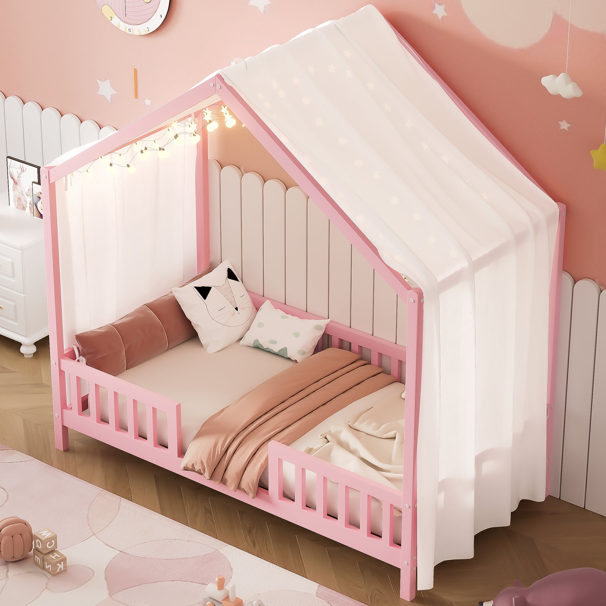 Montessori Floor Bed with Canopy, Twin Bed Frame for Kids, House Shape Kids Bed Frame with High Railings, Wood Kids Bed with Roof, Kid Twin Bed, Pink