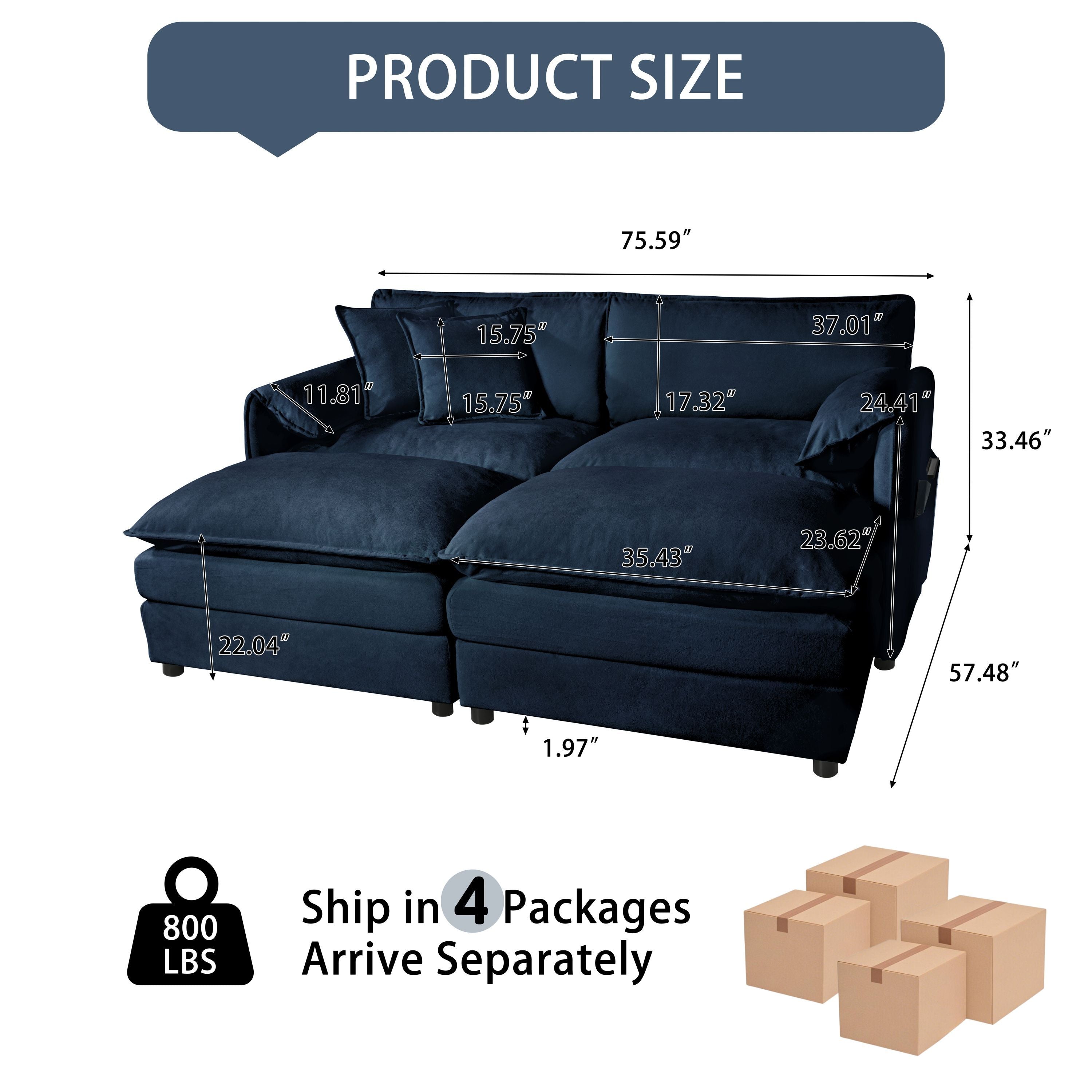 Deep Seat Sectional Cloud Sofa with 2 Ottomans & Soft Pillows, Loveseat Modular Couch for Living Room, Apartment,DIY Combination,Blue